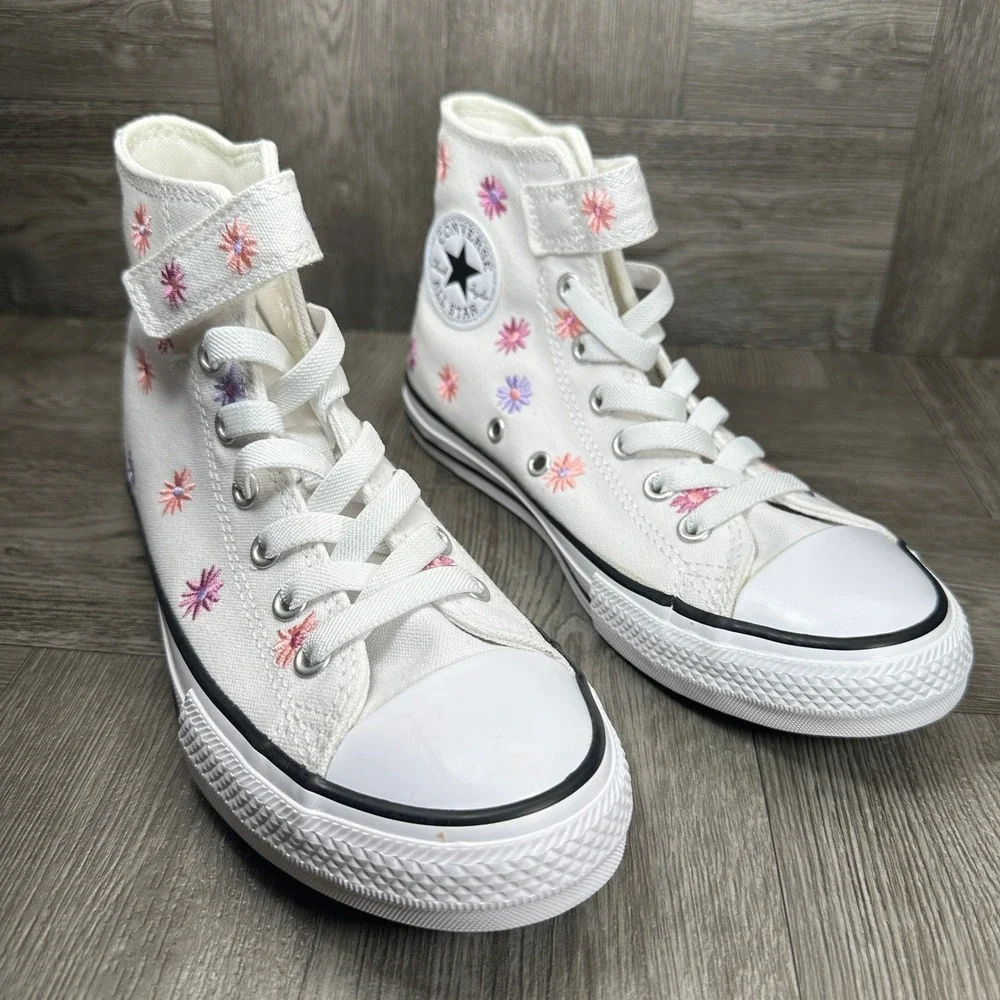 Converse High Top Sneakers Youth 3 White Floral Embroidered Canvas NEW - Picture 2 of 7